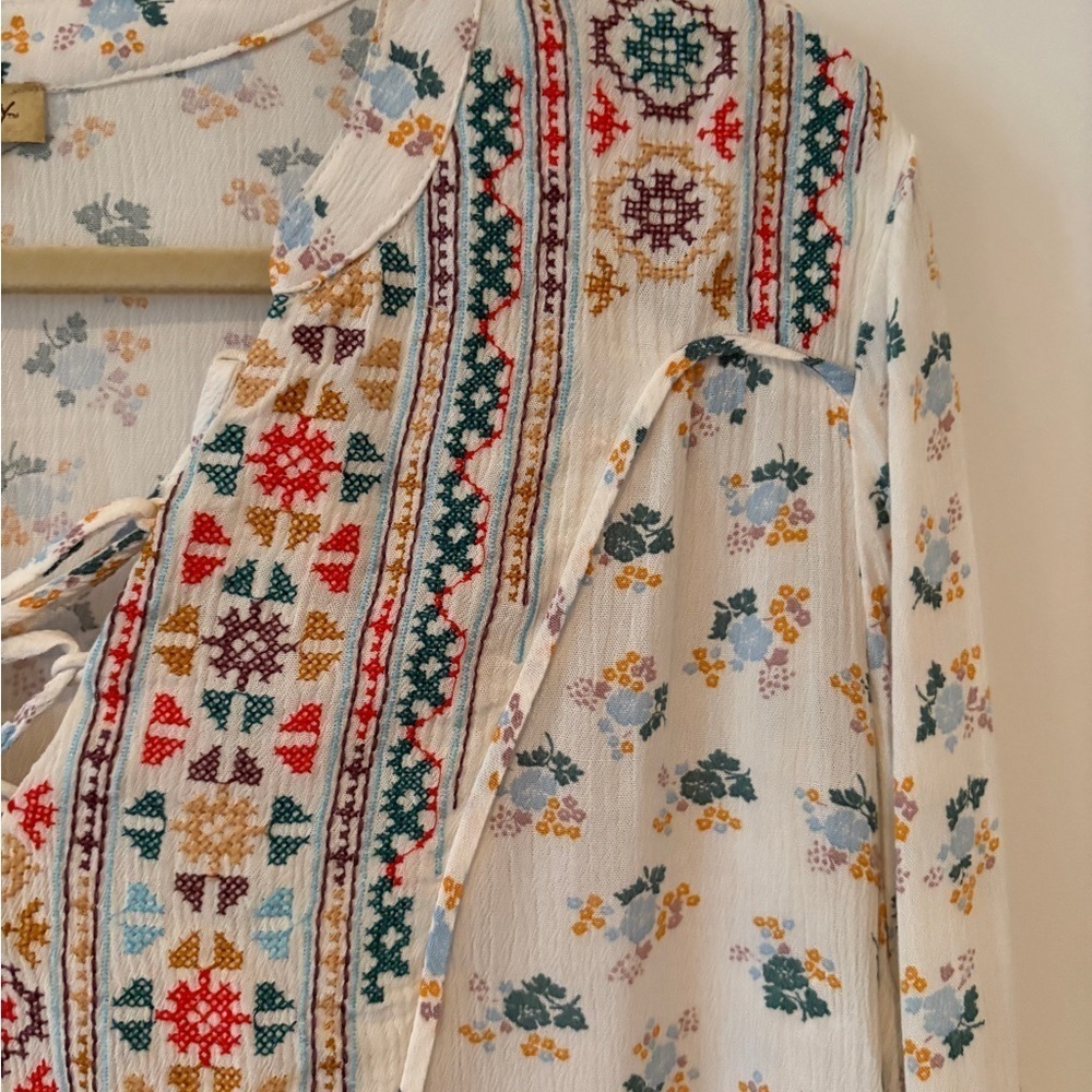 Democracy Bohemian Floral Aztec Oversized Multicolor Tie Neck Tunic Top Size L - Picture 6 of 15